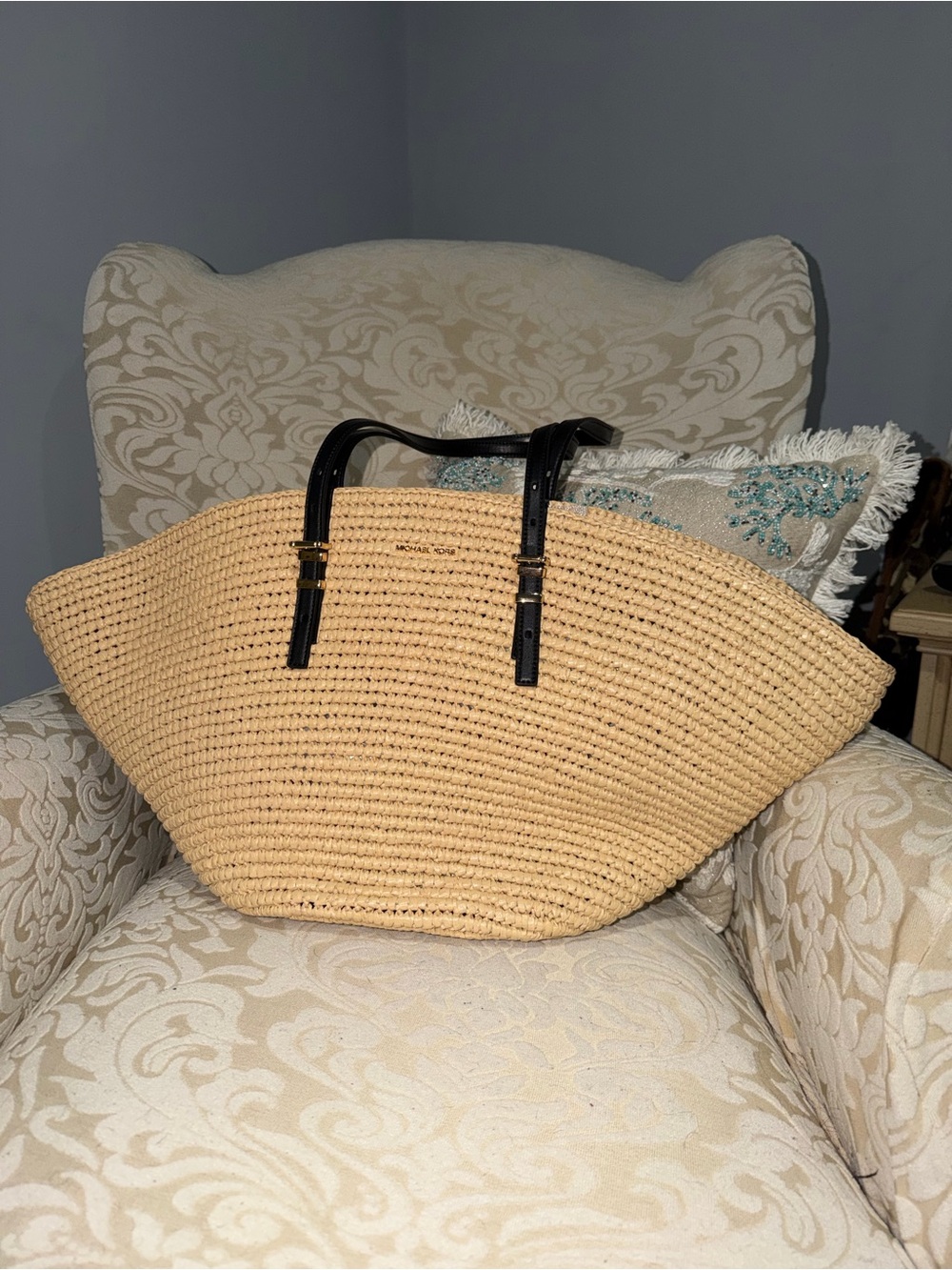 Michael Kors Natural Straw Tote with Black Leather Handles